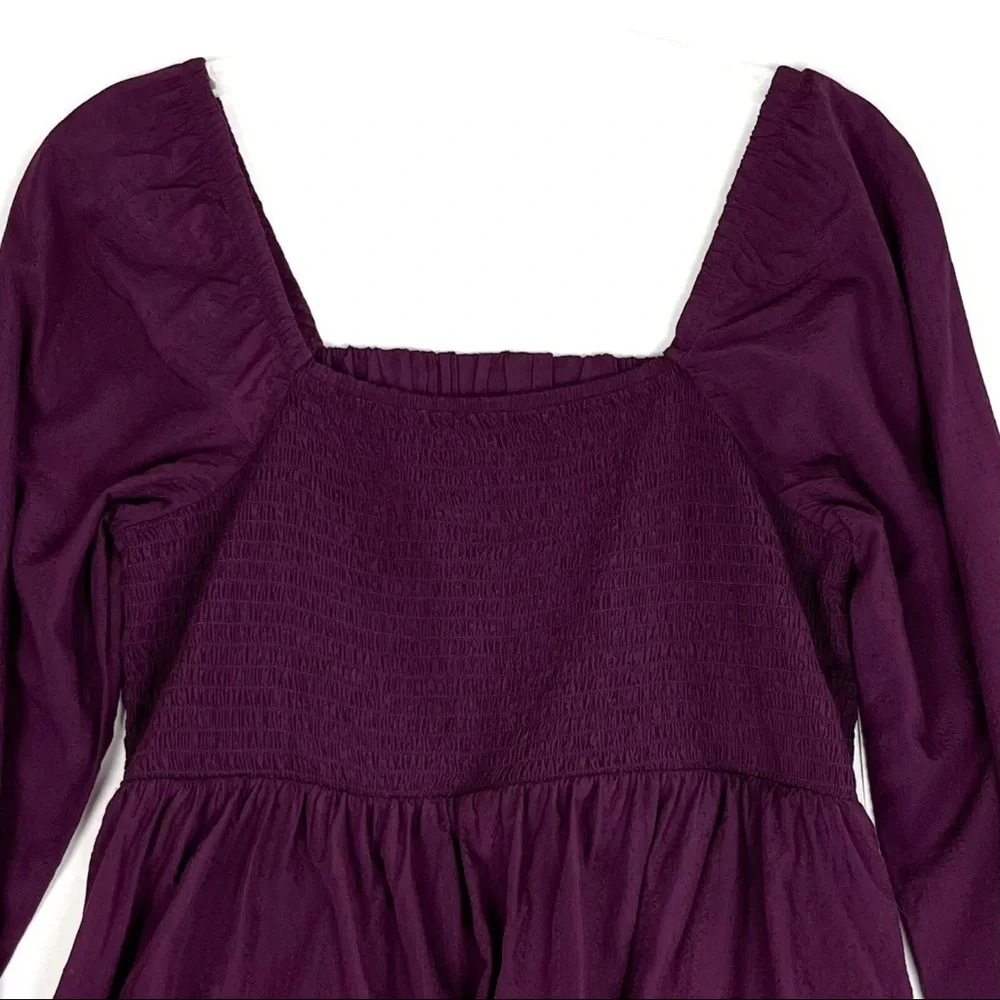 Old Navy Womens Seersucker Smocked Babydoll Blouse Peplum Peasant Large Purple - Picture 2 of 14